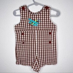 Patsy Aiken brown check Jon Jon romper airplane new Sz 12 mo